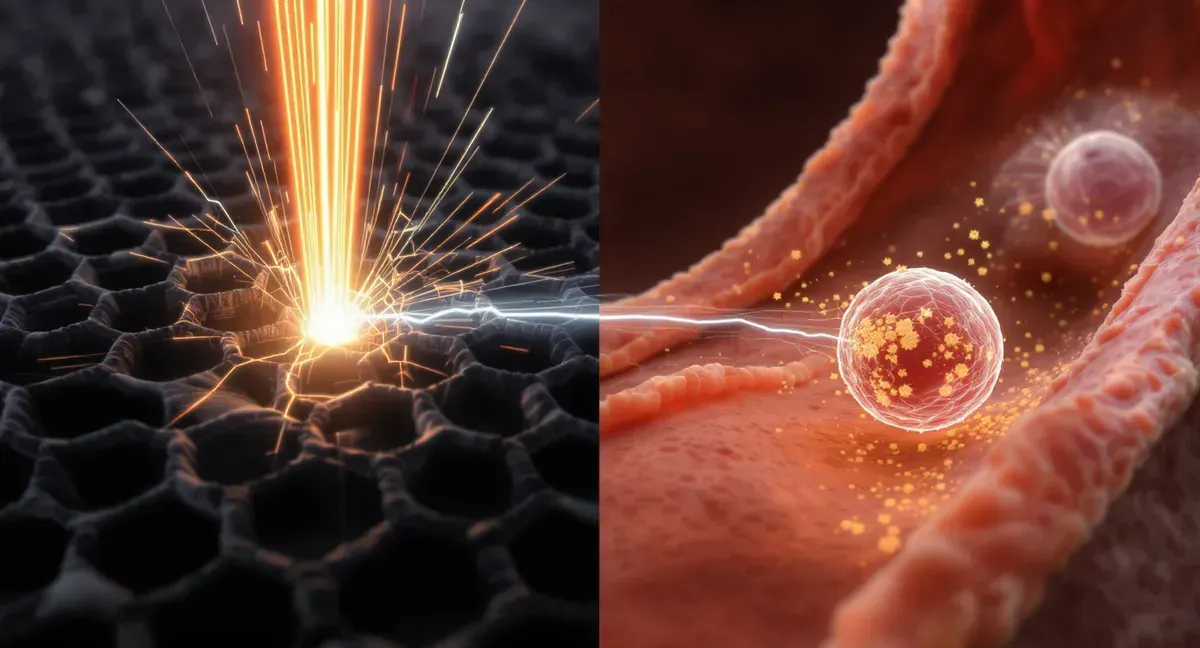 A dual-panel image showing Black Phosphorus interacting with light and being used in medicine