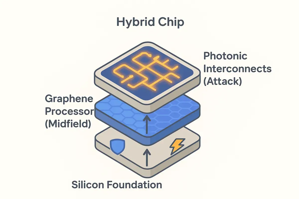 A diagram showing a hybrid chip with sections for Silicon, Graphene, and Photonics, labeled like a football team