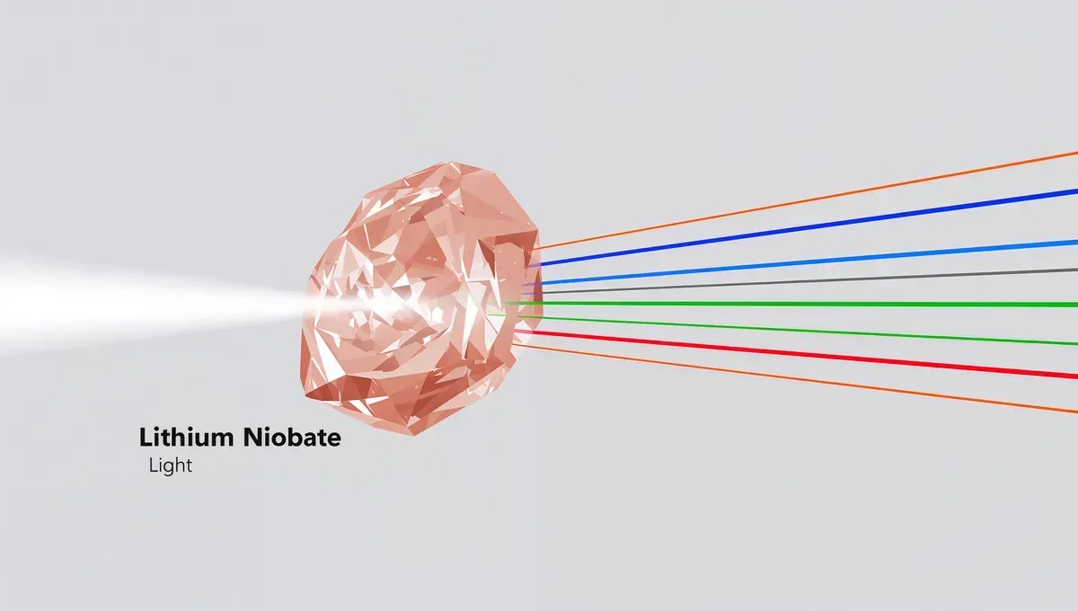 An educational illustration showing a beautiful, transparent, geometric crystal labeled &#x27;Lithium Niobate&#x27;